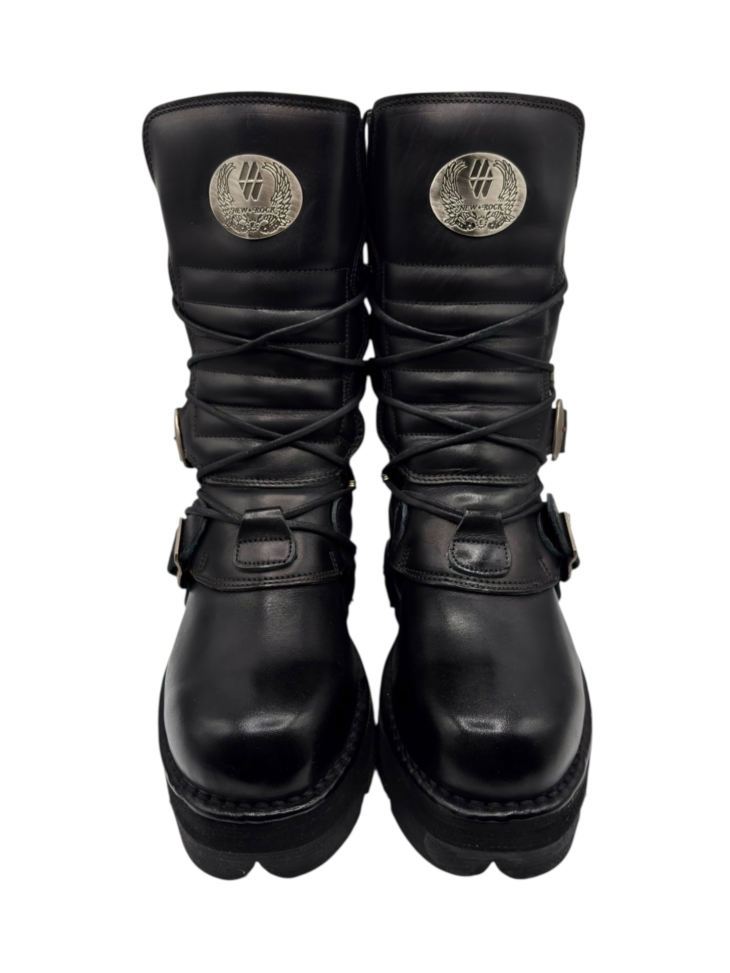 Vintage New Rock buckled raised-heel mid-calf leather boots size 40