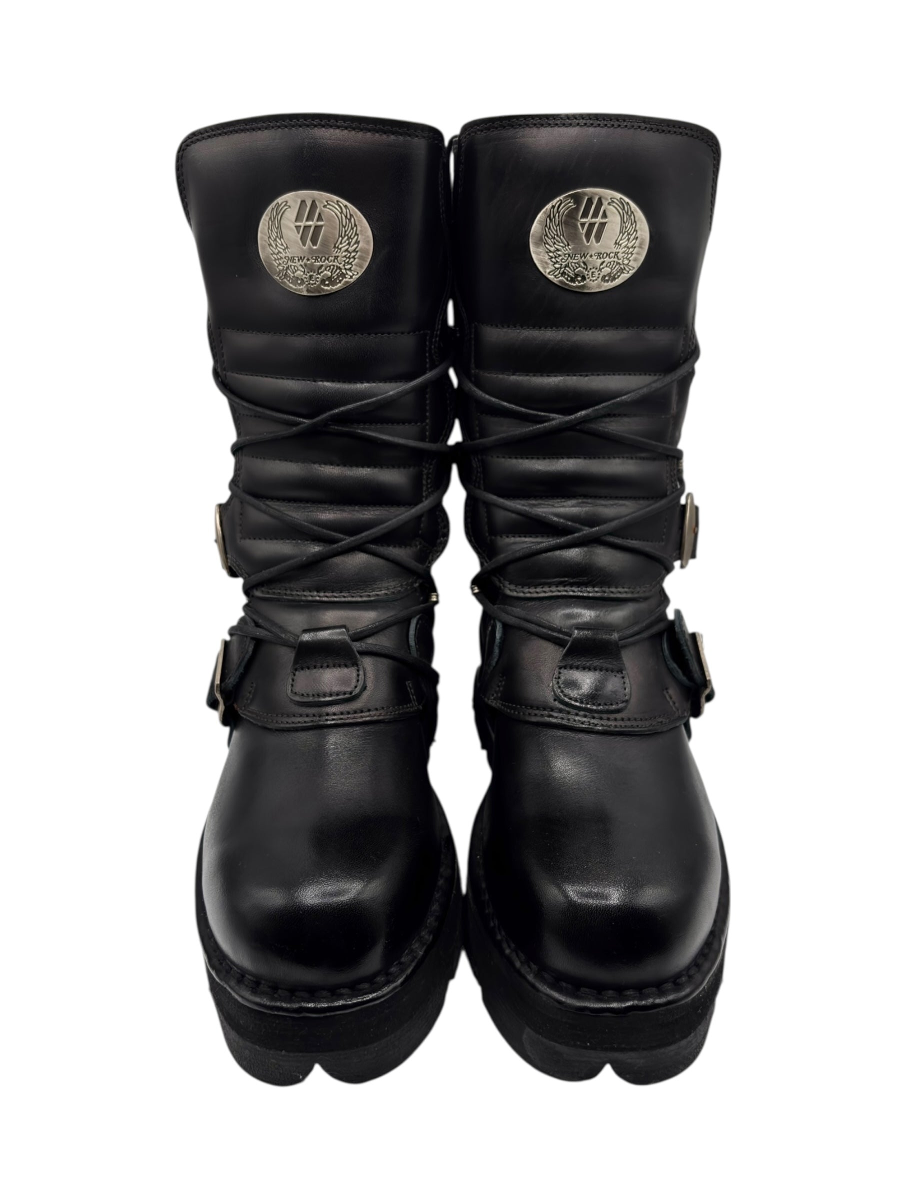 Vintage New Rock buckled raised-heel mid-calf leather boots size 40
