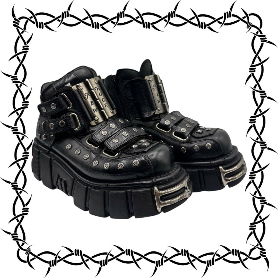 Vintage New Rock studded leather platform boots size 37