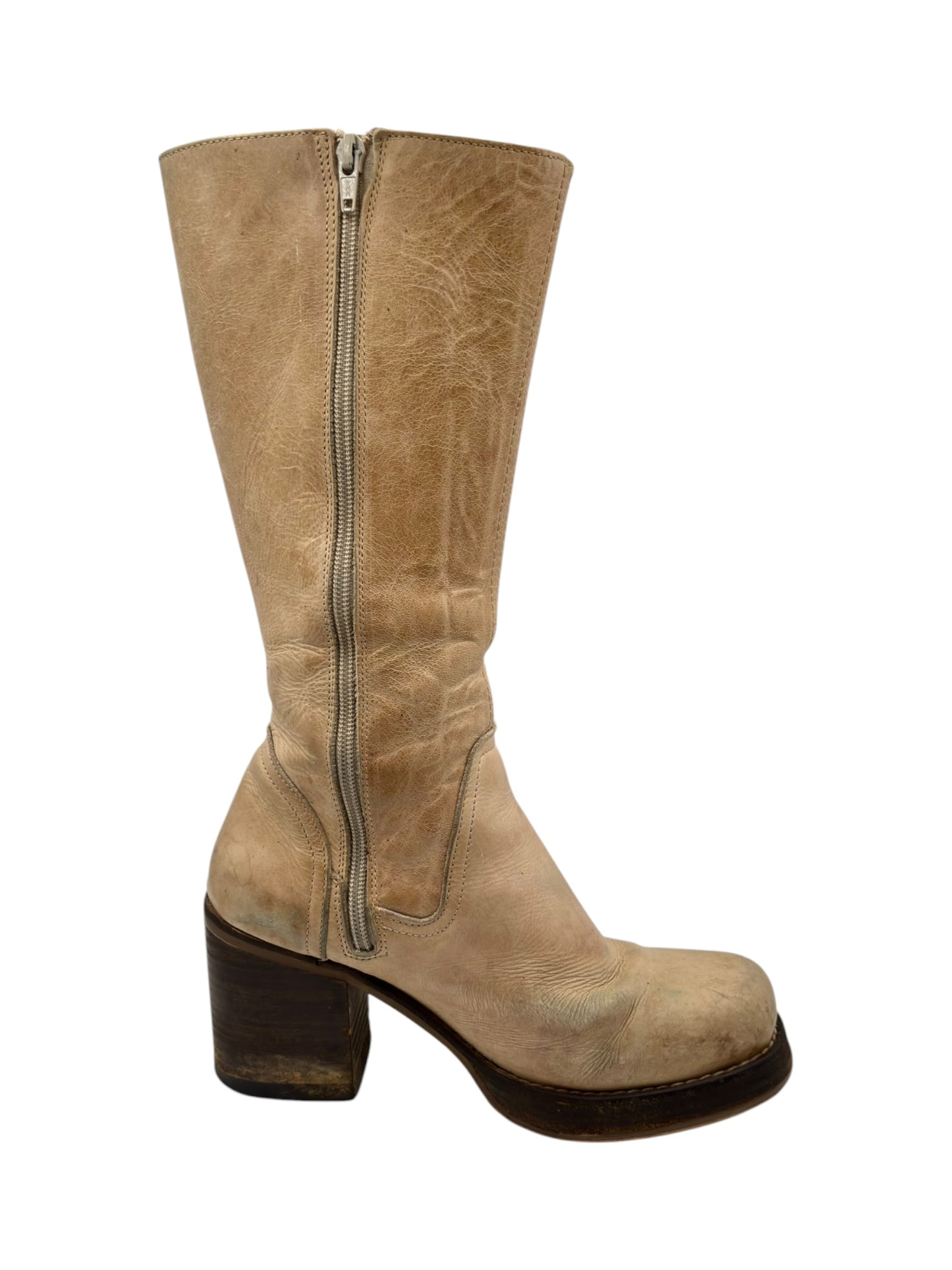 Vintage Destroy beige knee high block platform leather boots