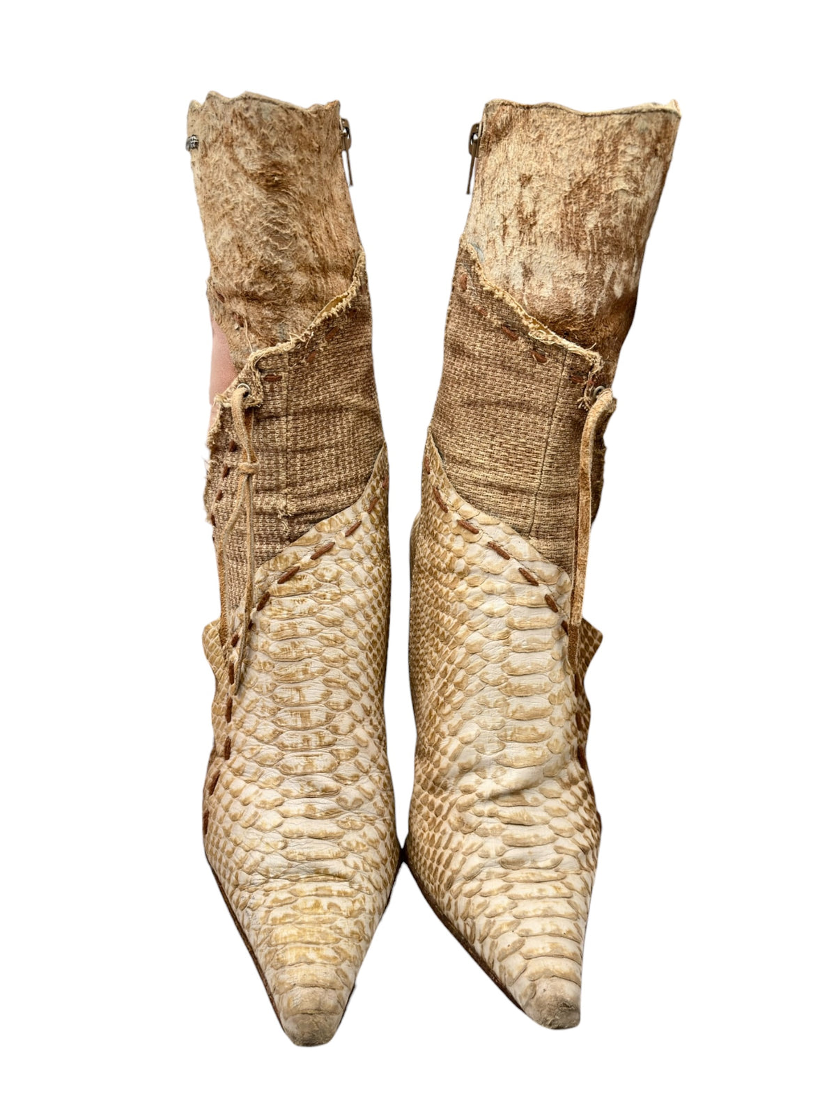 Beige snake-pattern leather tall boots with textured shaft and tie straps