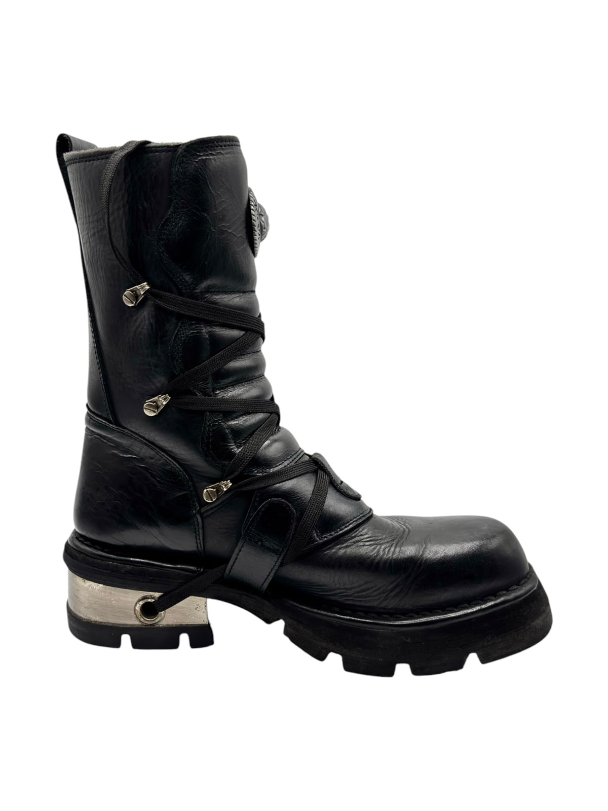 Black platform ankle boots with lace-up front and wide buckle details