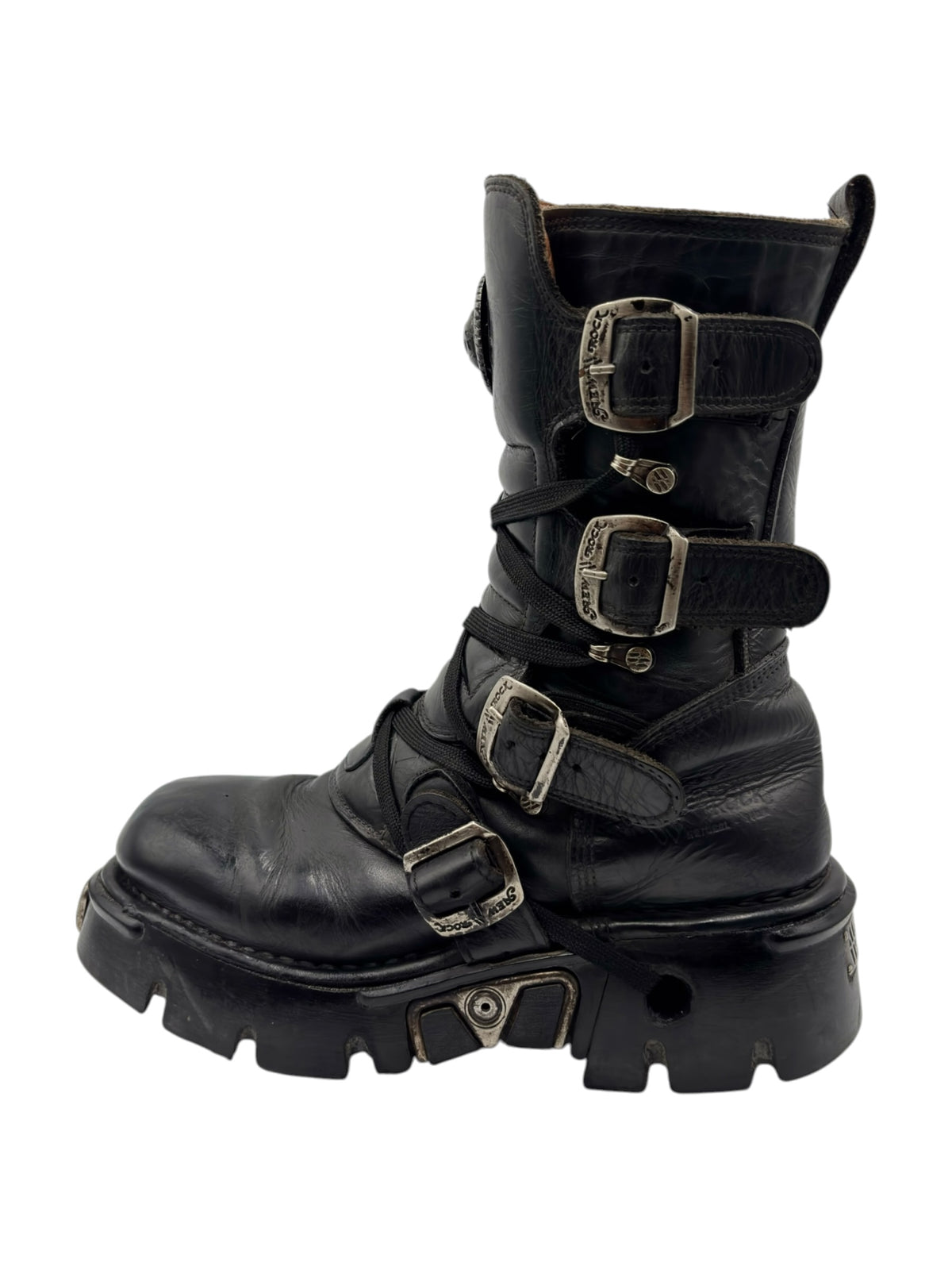 Black mid-calf boots with multiple buckles and adjustable strap details