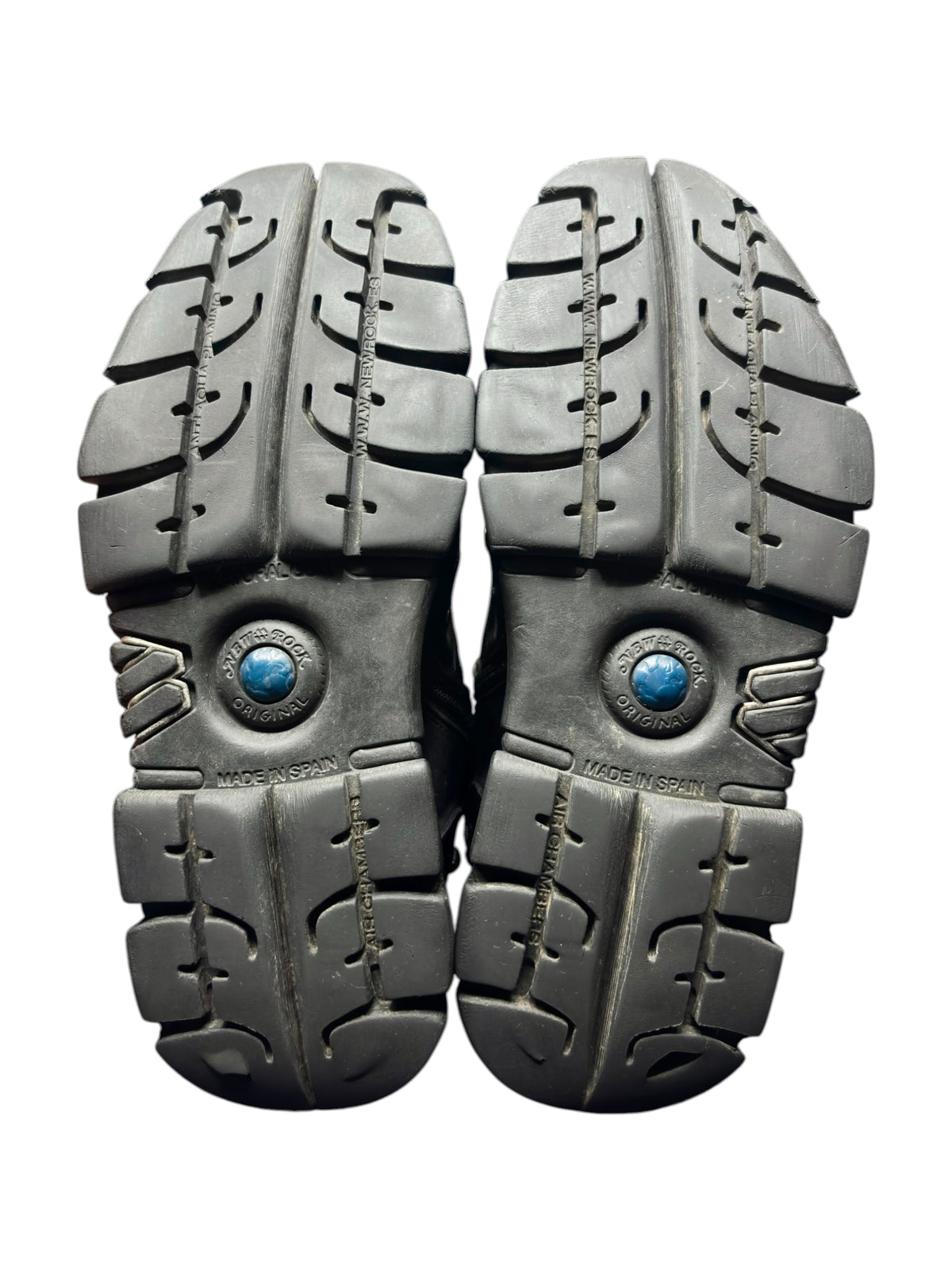 Studded chain platform boots, black treaded outsole pair with studded toe and heel blocks