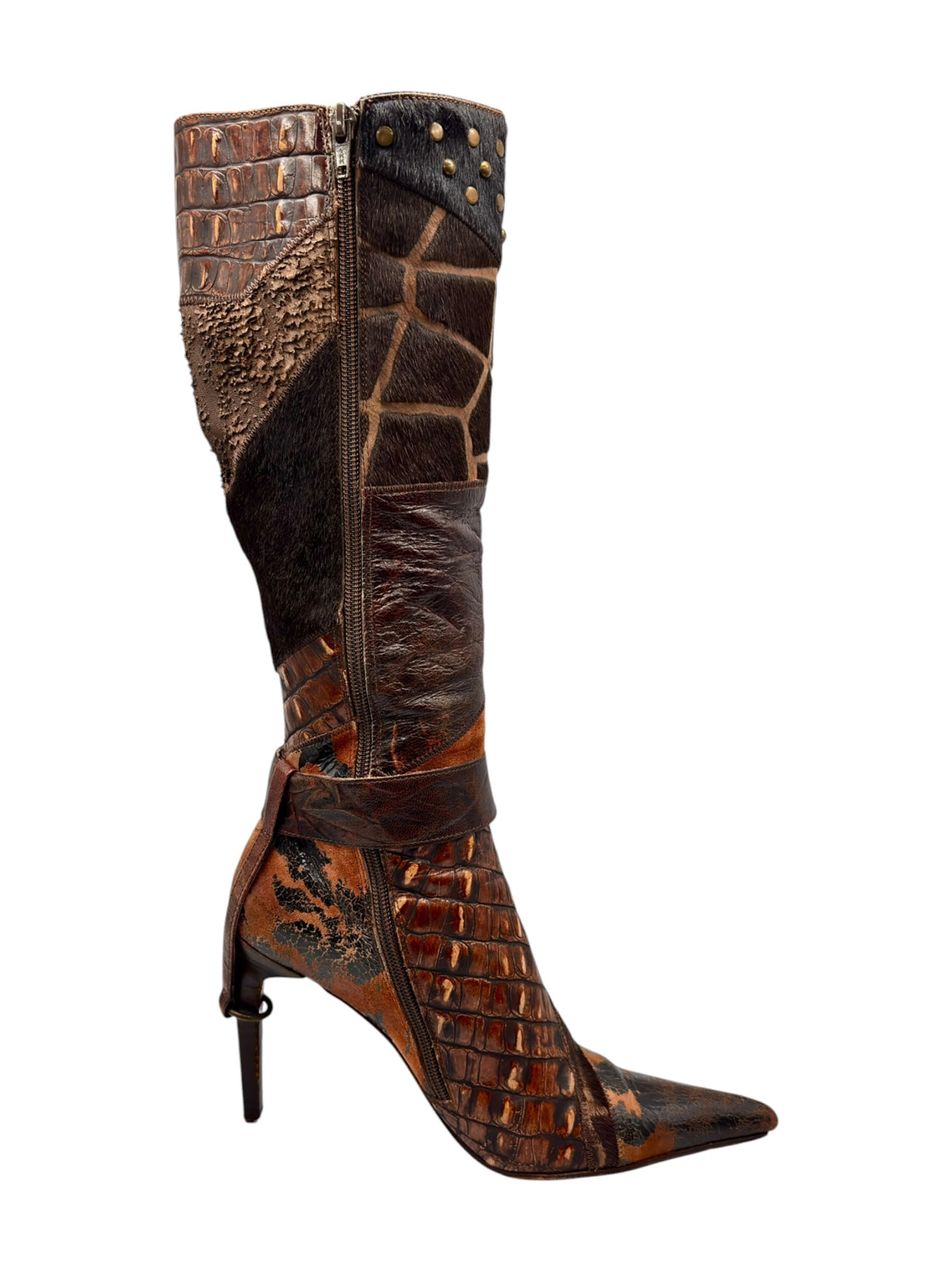 Knee-high patchwork boot with center zipper, crocodile-texture panels, and stiletto heel.