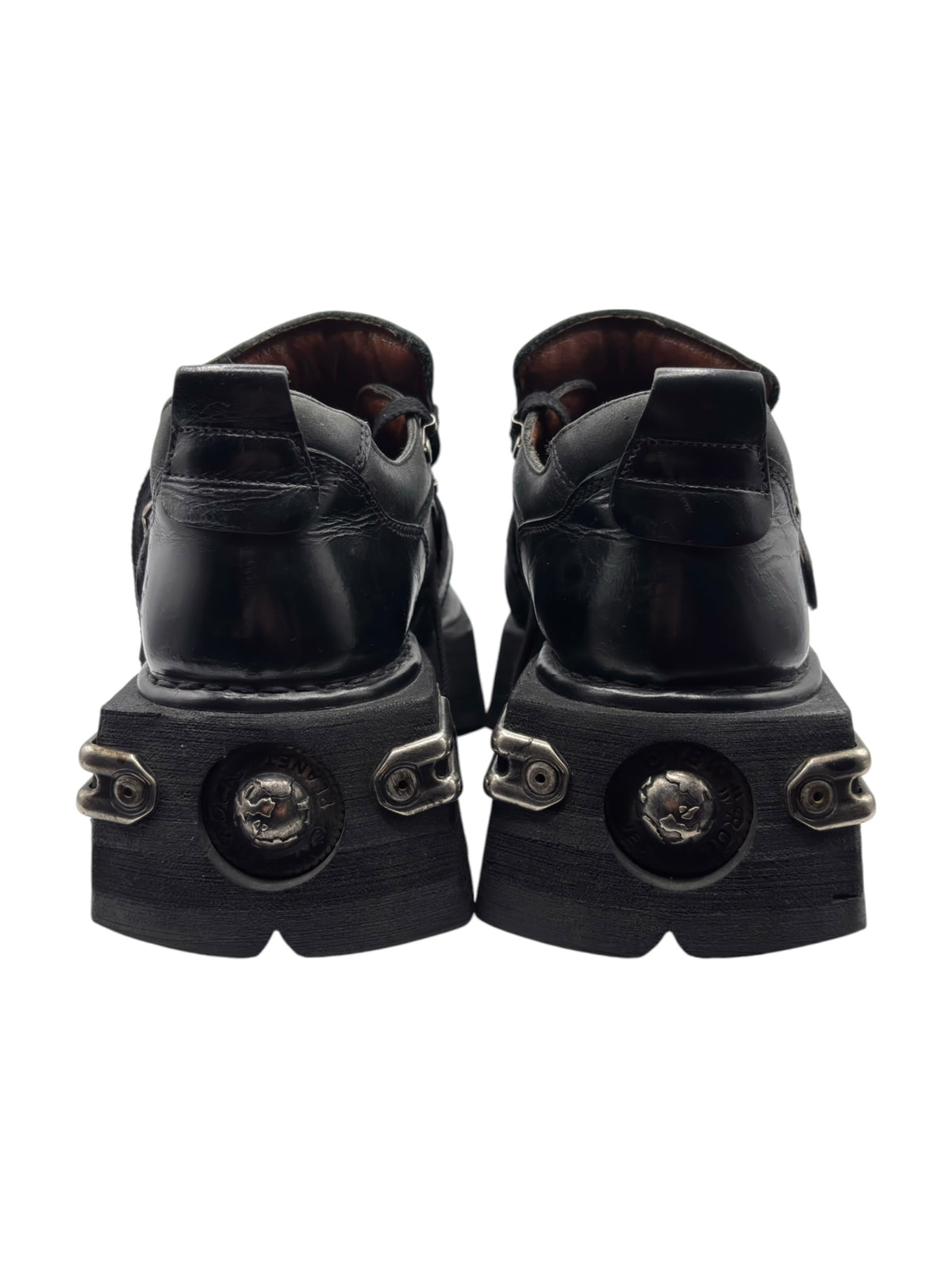 Vintage New Rock pluto platform boots: back view with heel plates and buckle straps