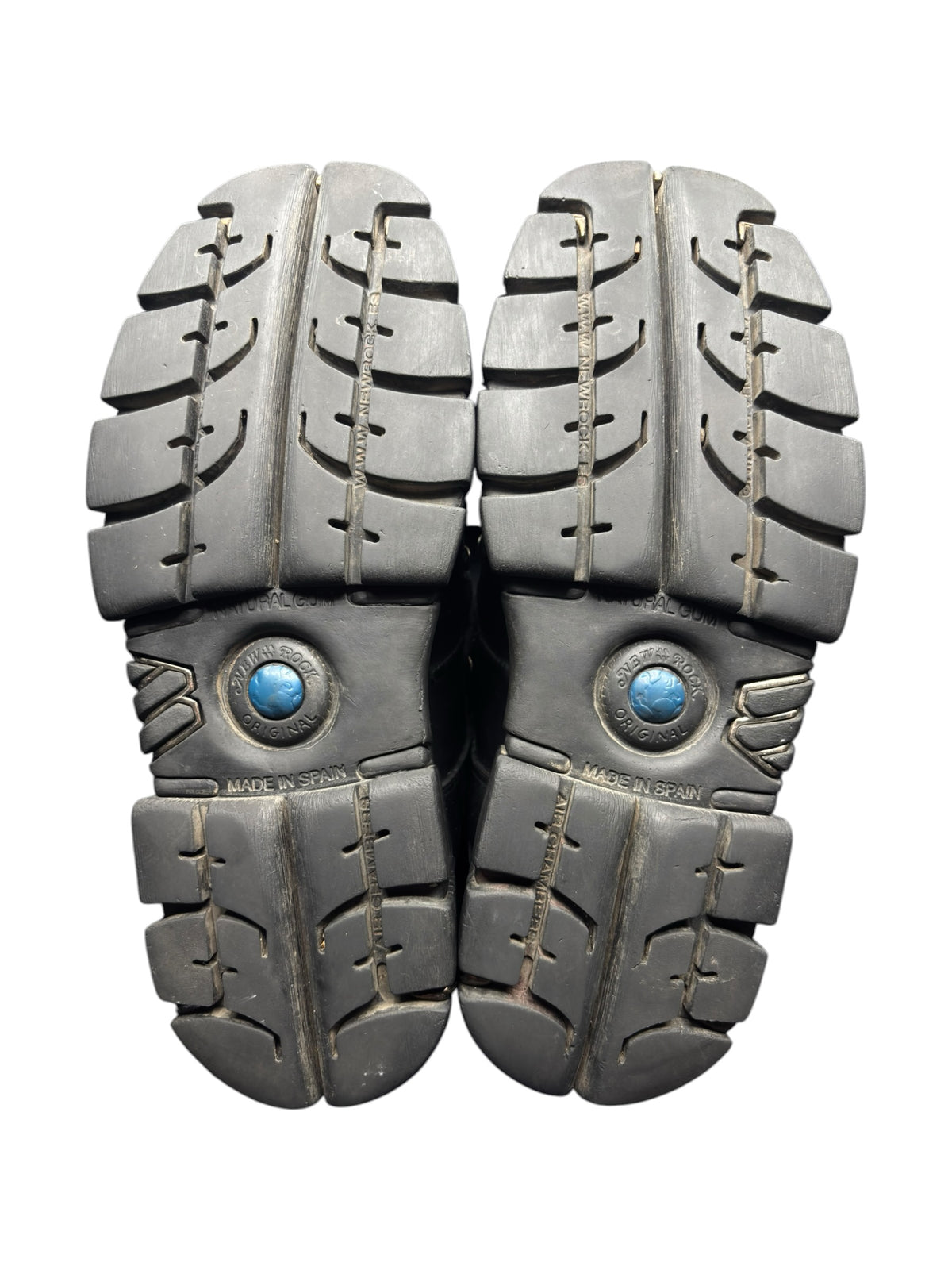 New Rock platform boots, bottom view with blue globe emblem and chunky tread