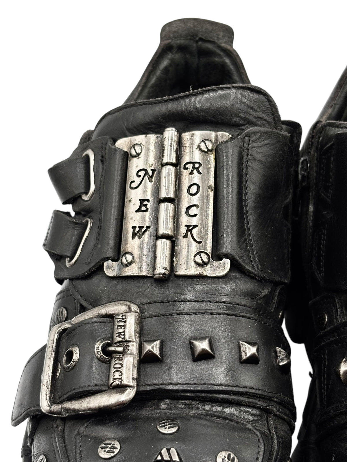New Rock platform boot ankle strap with engraved metal plate and studs