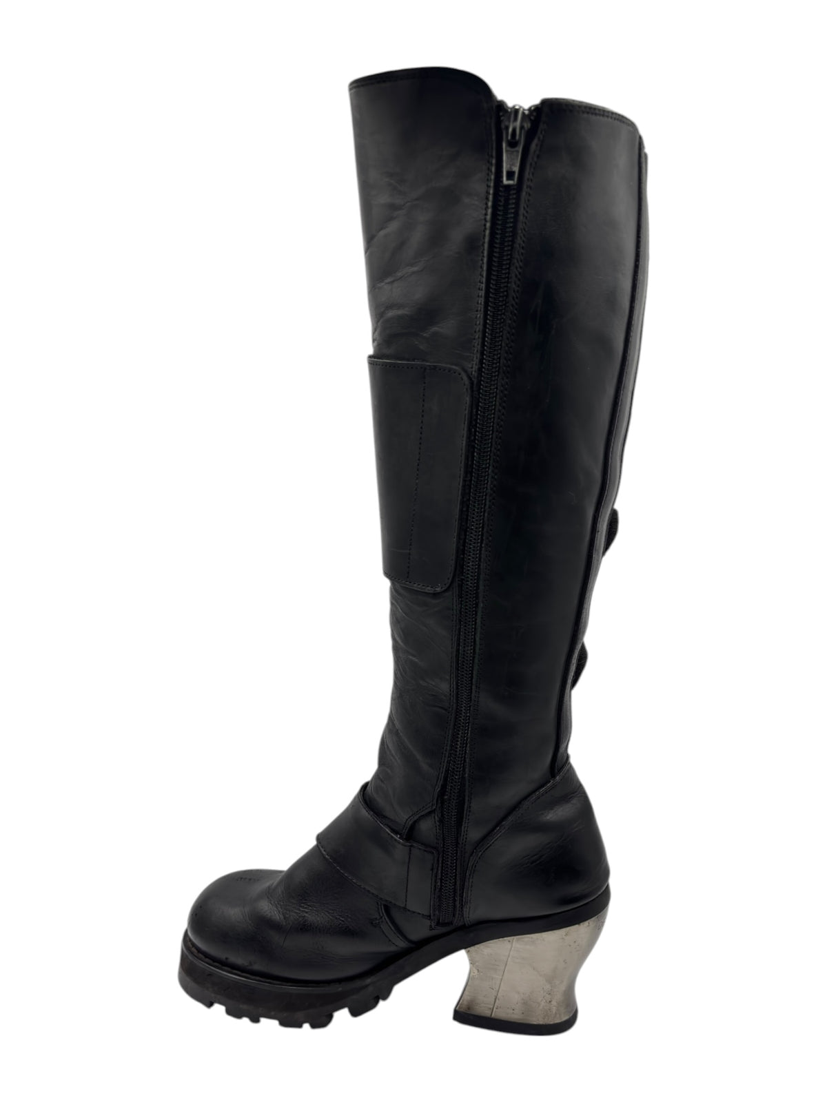 Black knee-high boots with tall shaft, side zipper, and molded rubber sole