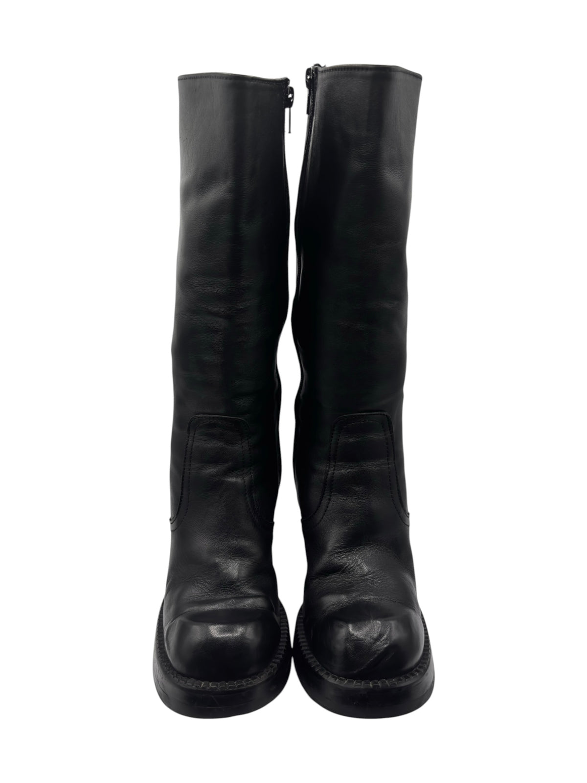 Black knee-high leather boots shown as a matching pair with side zippers.