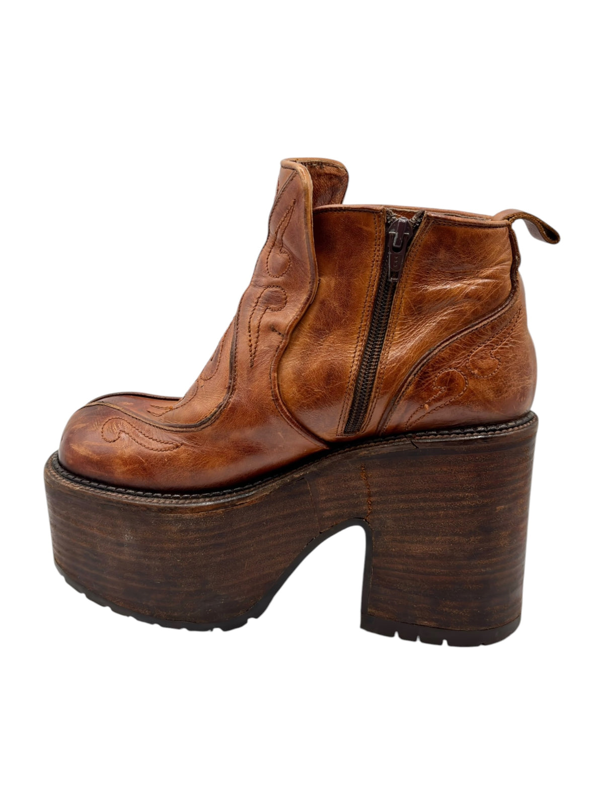 Brown leather platform ankle boots with side zipper and chunky stacked heel