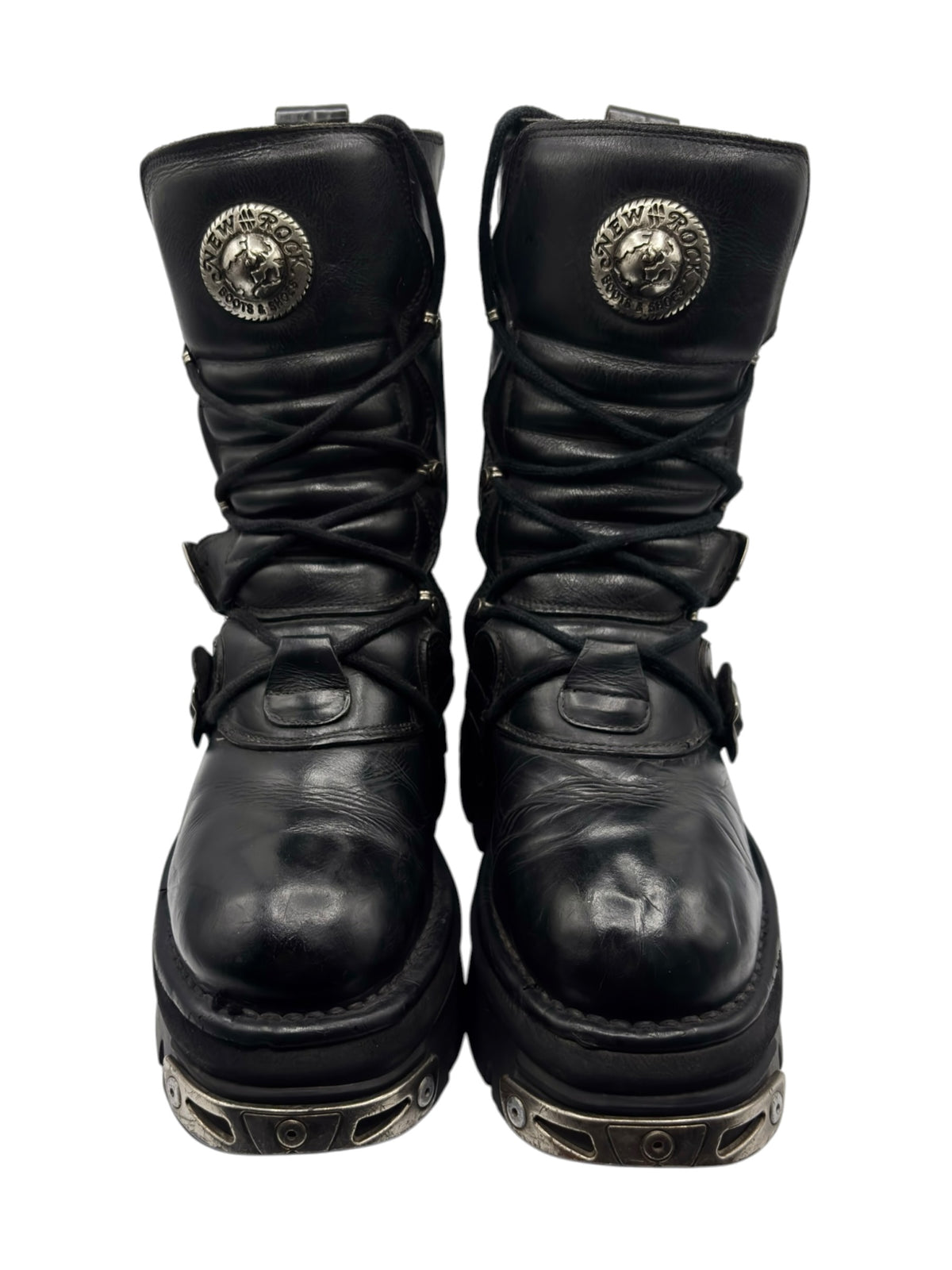 Vintage New Rock mid-calf reactor boots, black lace-up with round emblem and buckle