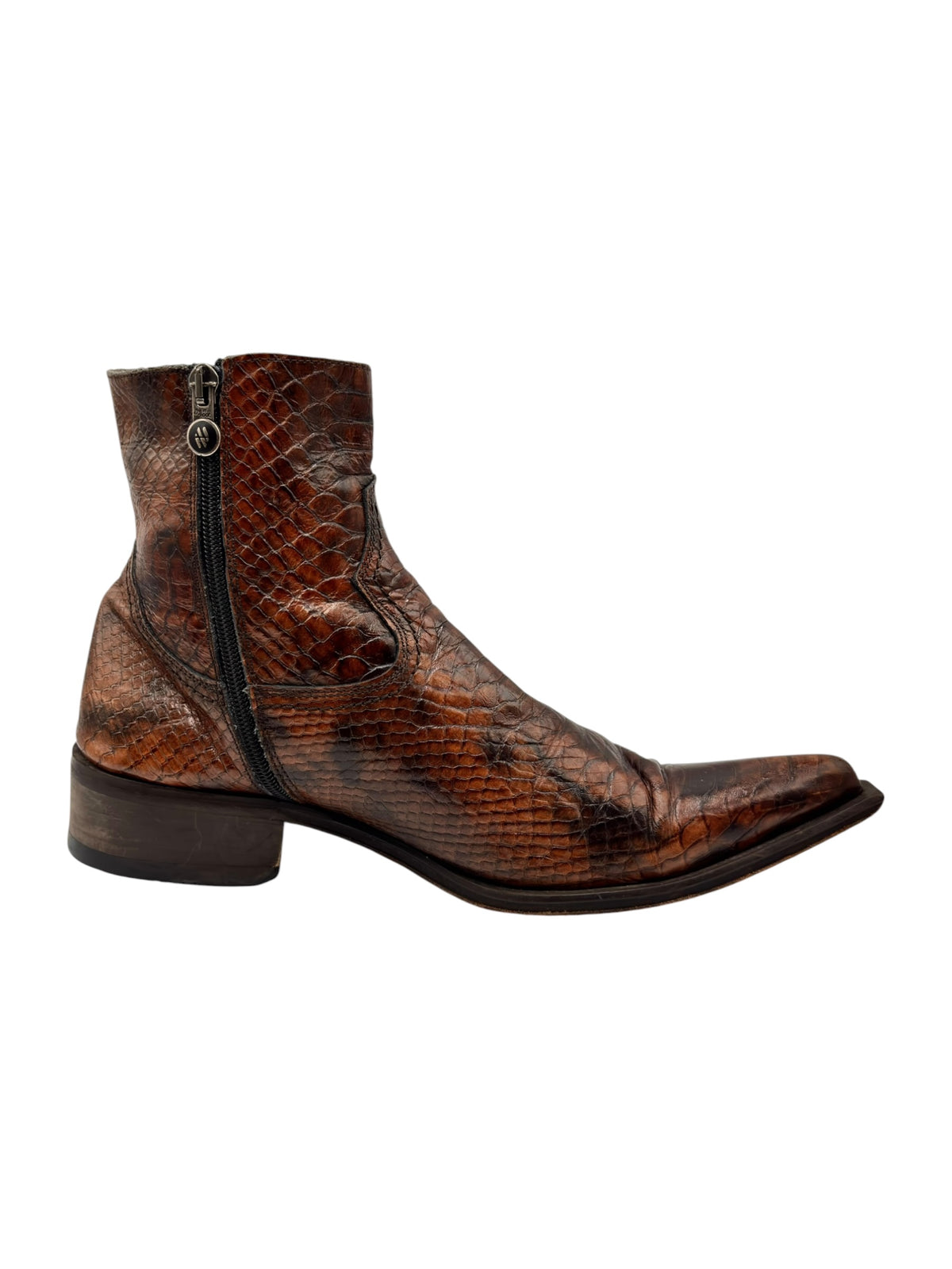 Brown snake-pattern cowboy boots with black zipper and low stacked heel