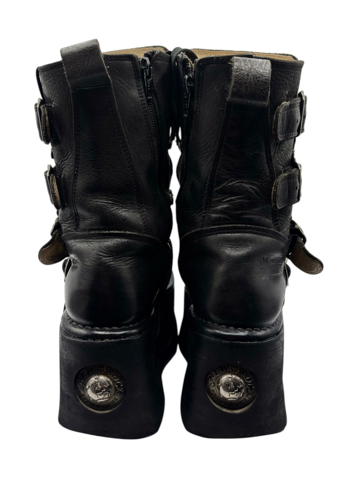 Black mid-calf platform boots rear view with dual side straps and ankle buckles