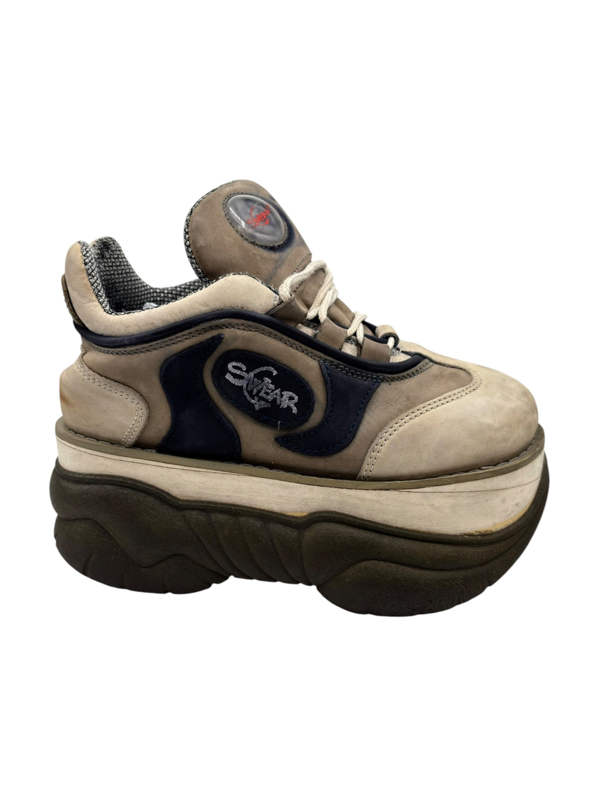 Beige and navy platform lace-up boot with Swear logo patch and chunky dark sole