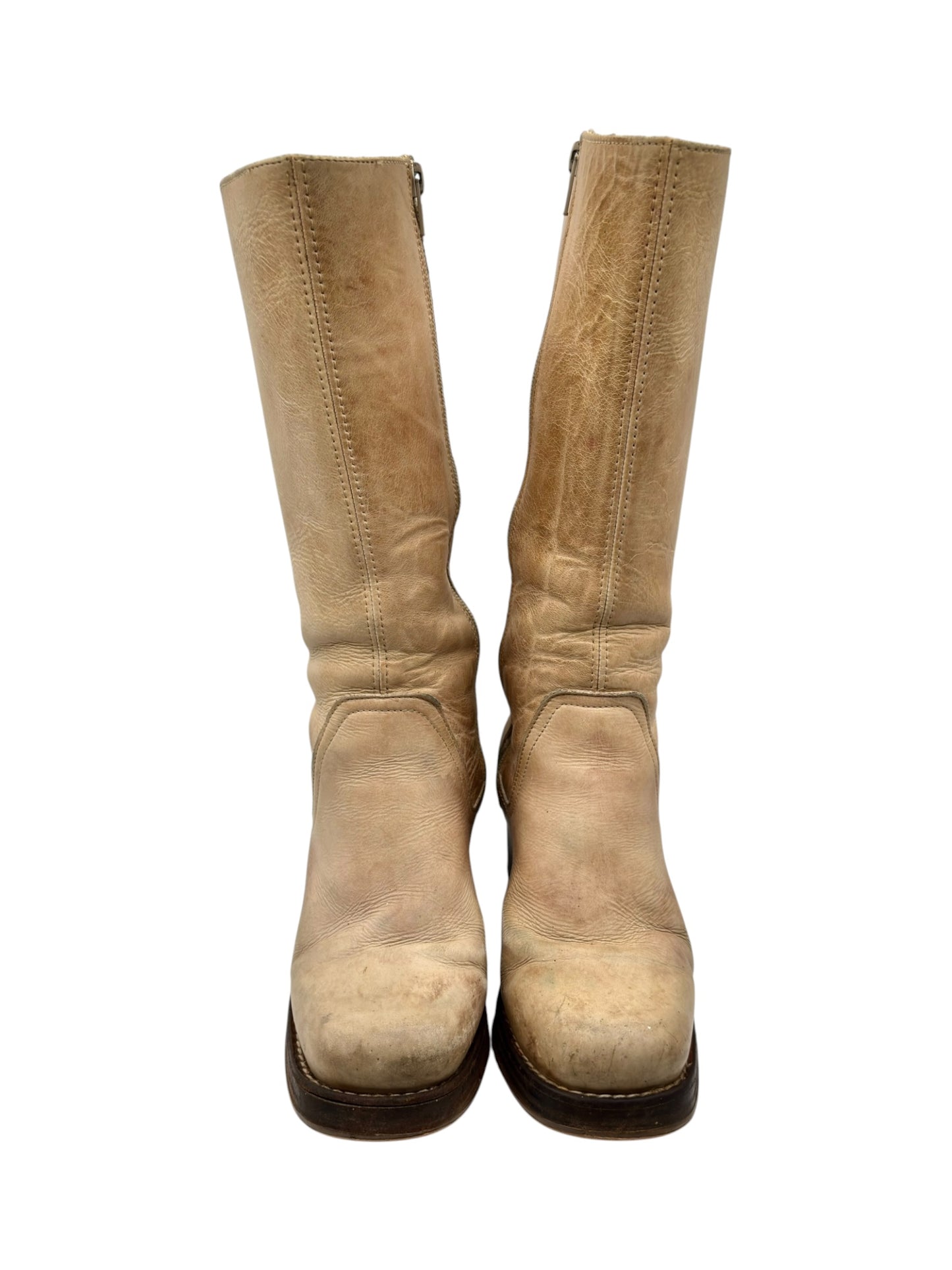 Vintage Destroy beige knee high block platform leather boots