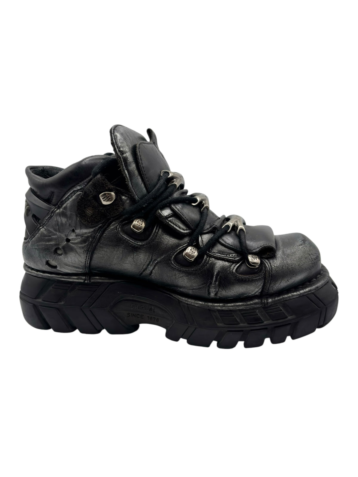 Black leather lace-up platform boots with cushioned collar and chunky tread