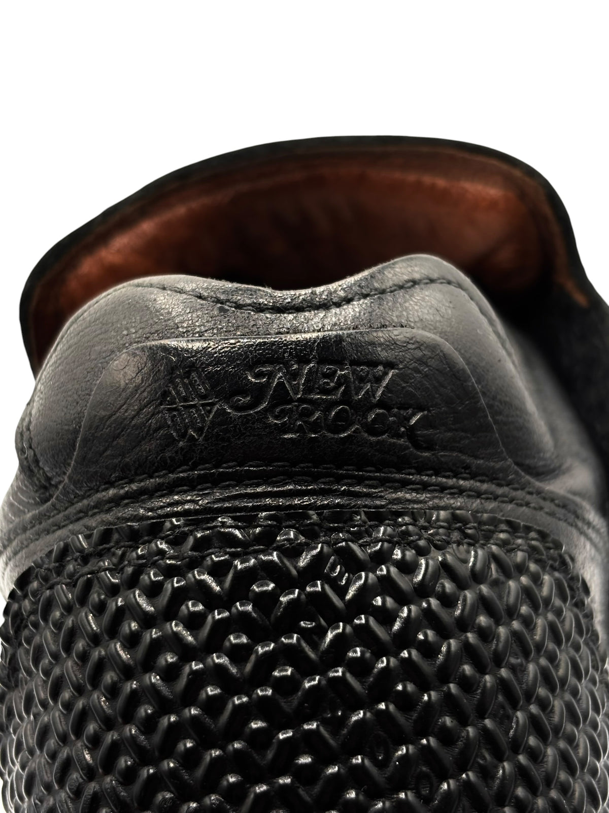 Vintage New Rock platform boots: black heel lining with embossed New Rock text