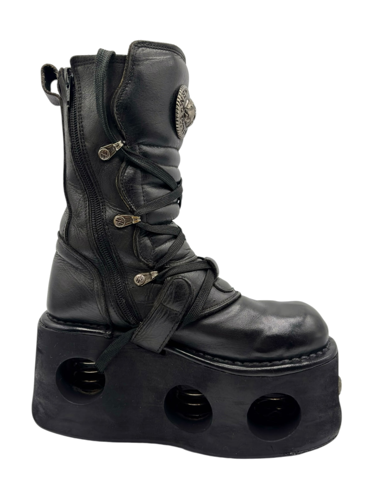 Black leather mid-calf platform boots with lace-up front and side zipper panel