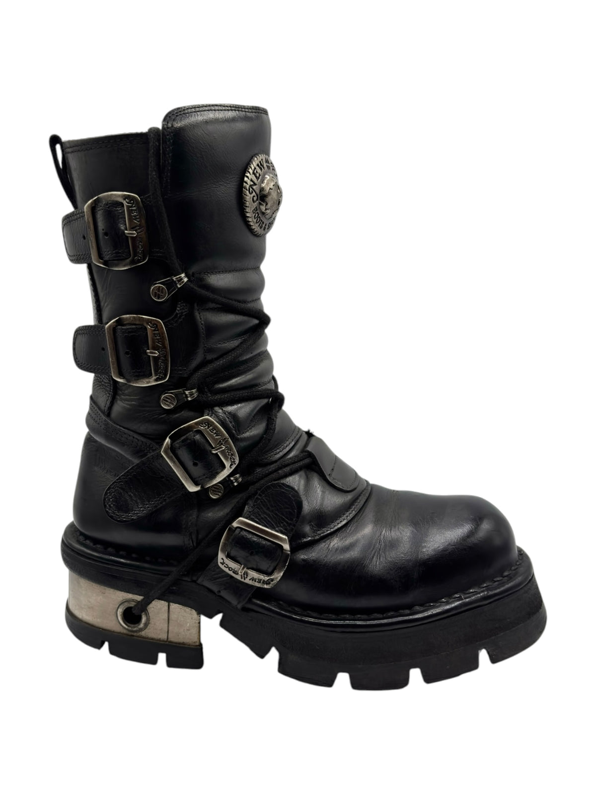 Black mid-calf boots with buckle straps on the shaft and chunky lug sole