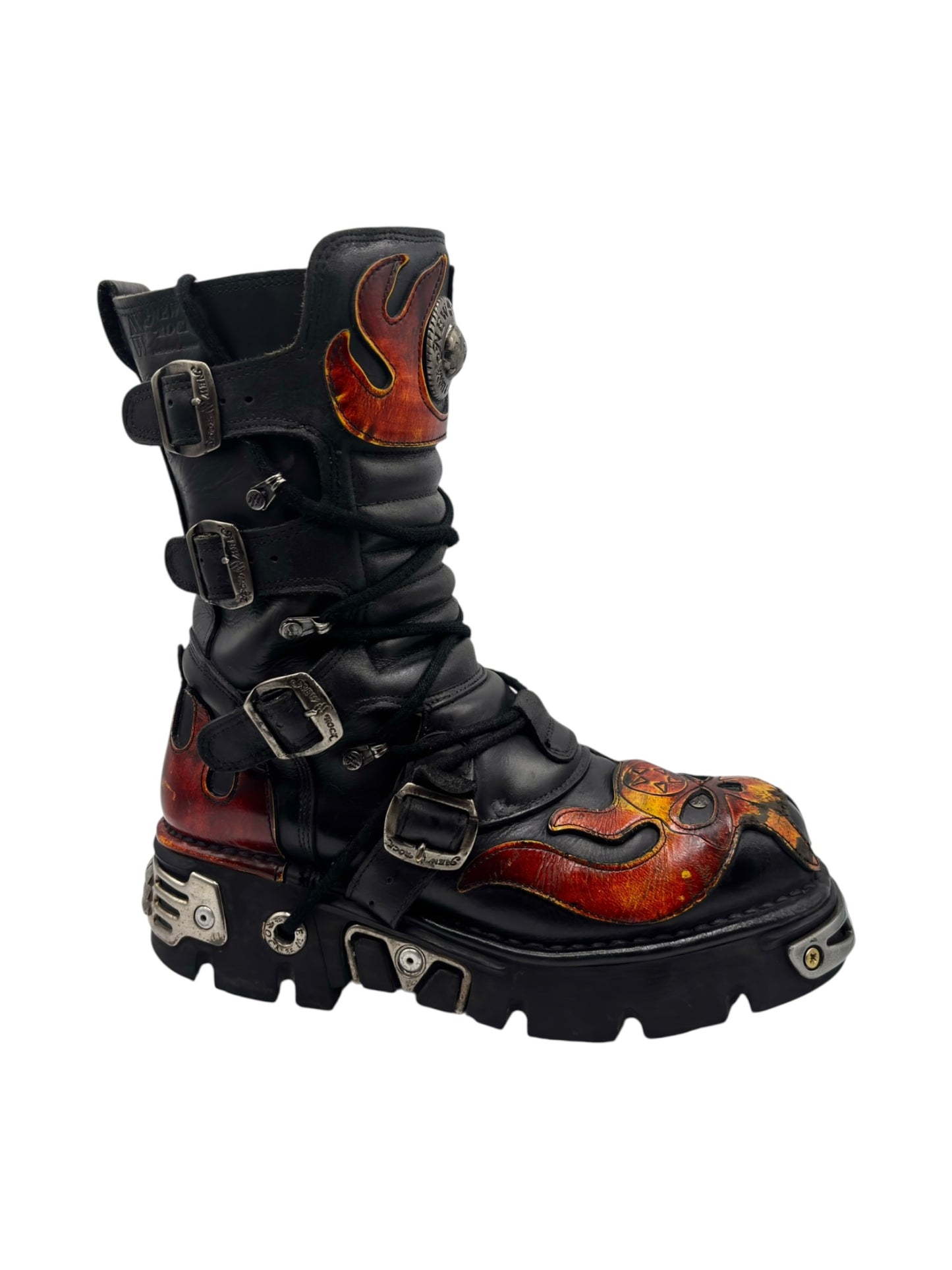 Vintage New Rock orange flame mid-calf reactor leather boots