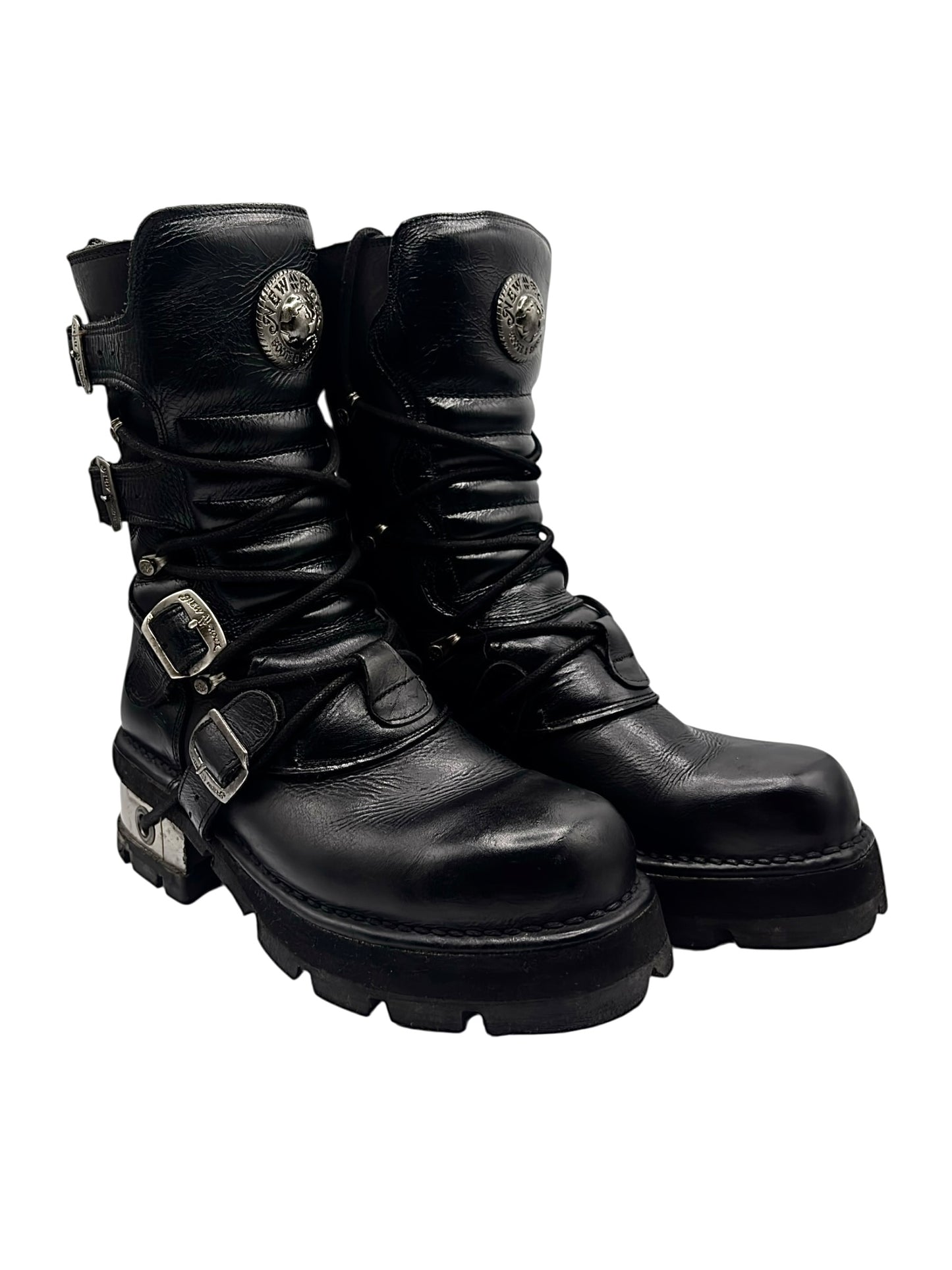 Vintage New Rock buckled raised-heel mid-calf leather boots size 42