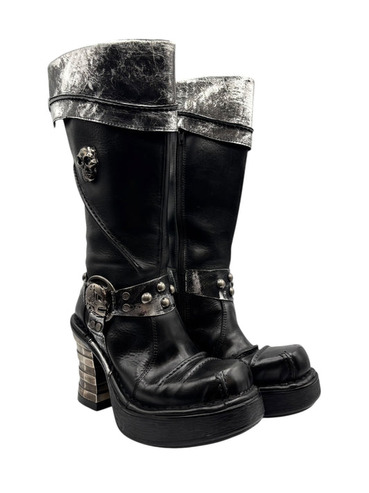 Knee-high leather boots with round toe, chunky heel, silver distressed cuff and buckle strap