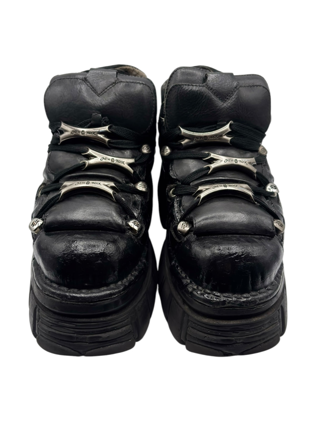 Black Vintage New Rock platform boots, back view with lace hardware and raised sole