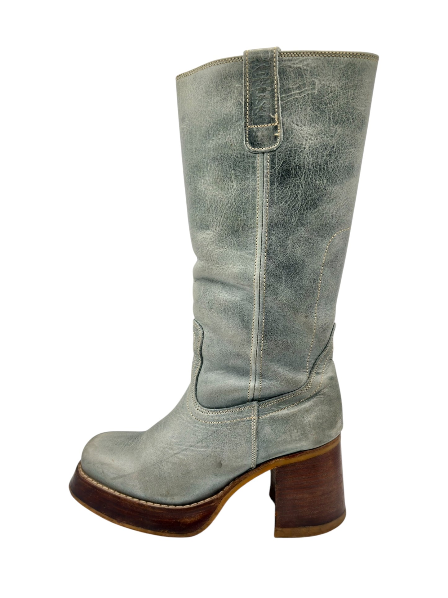 Vintage Destroy green block platform leather boots