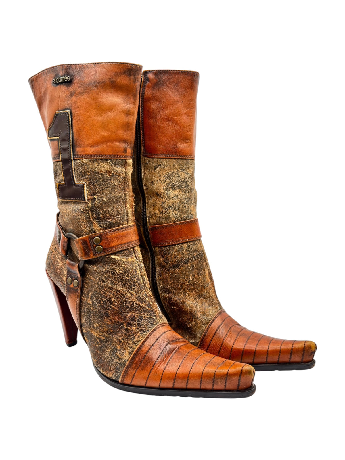 Orange leather tall heeled boots with ankle strap, buckle detail