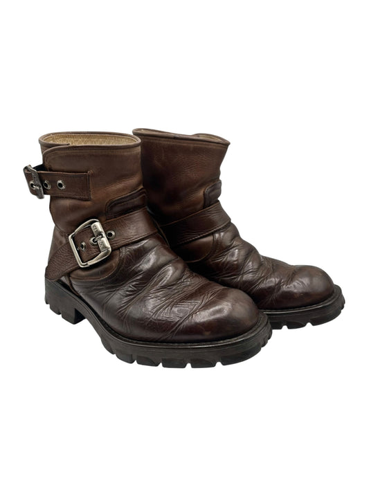 Vintage dark brown leather biker boots with side buckle and stacked heel sole