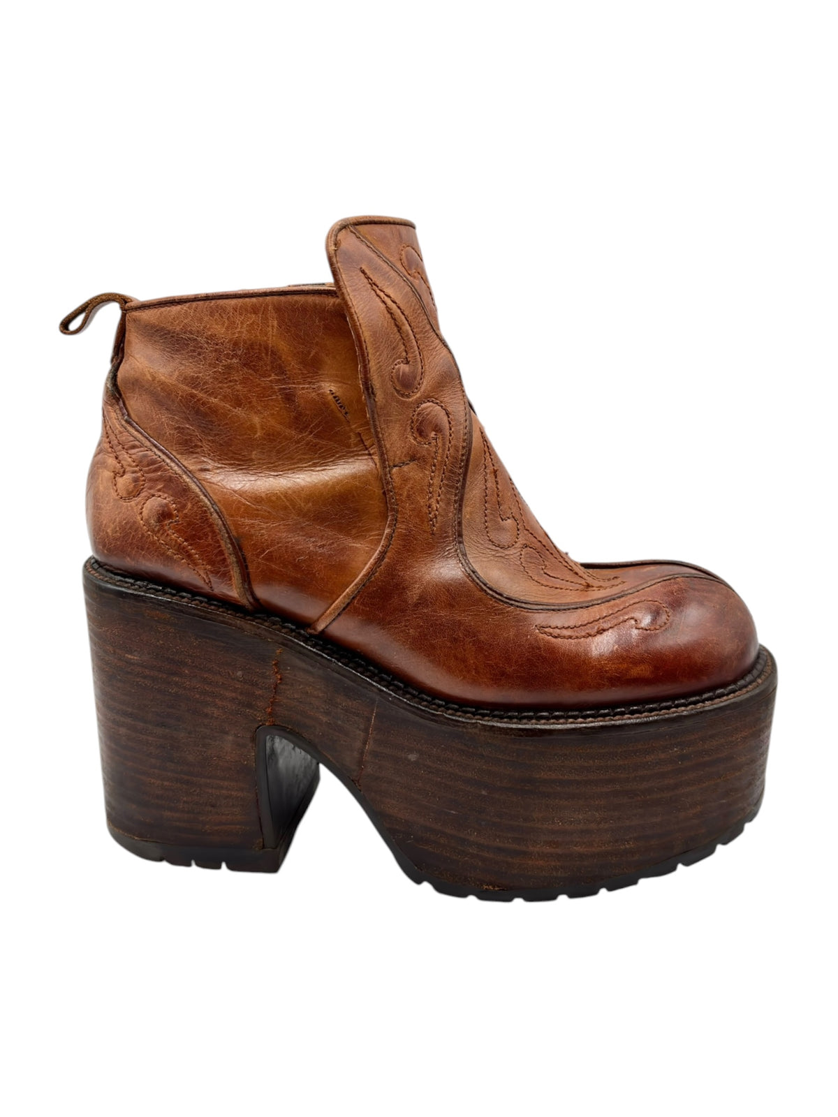 Brown leather platform ankle boots with thick block heel and side seam details