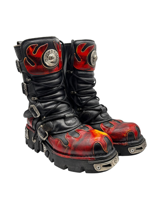 Flame-accent combat boots, black leather with red-orange graphics, lace-up and chunky sole