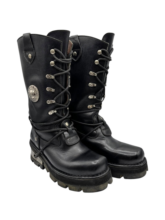 Black leather combat boots with lace-up front and side buckle details