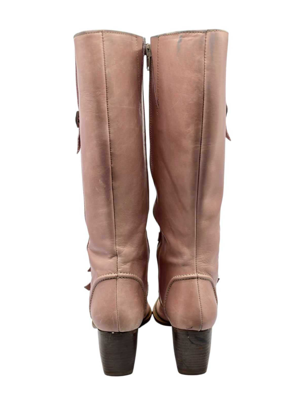 Pink leather pointy-toe mid-calf boots with buckled straps and stacked heels