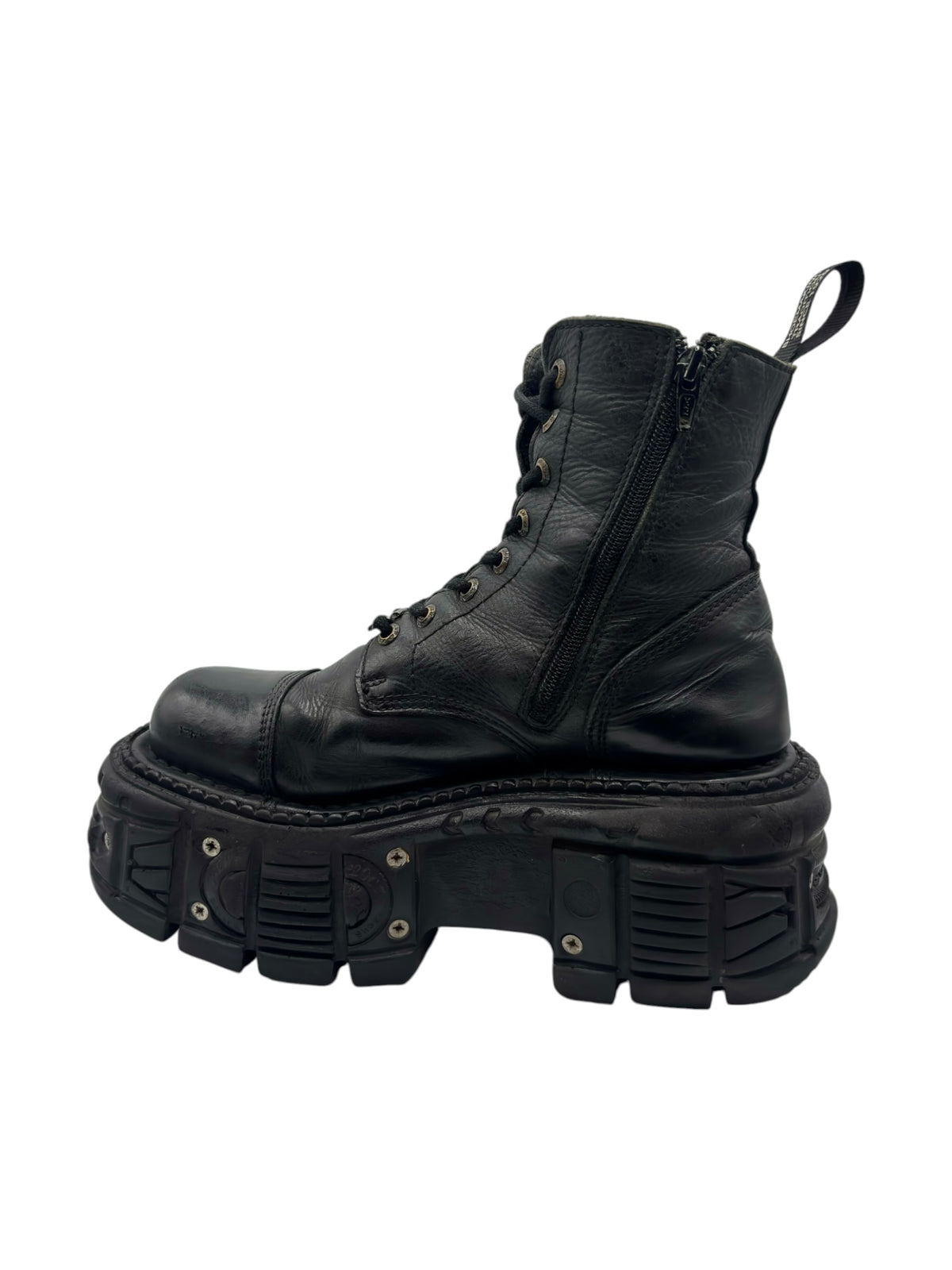 Black lace-up platform boots with side zipper and chunky stacked tread sole.