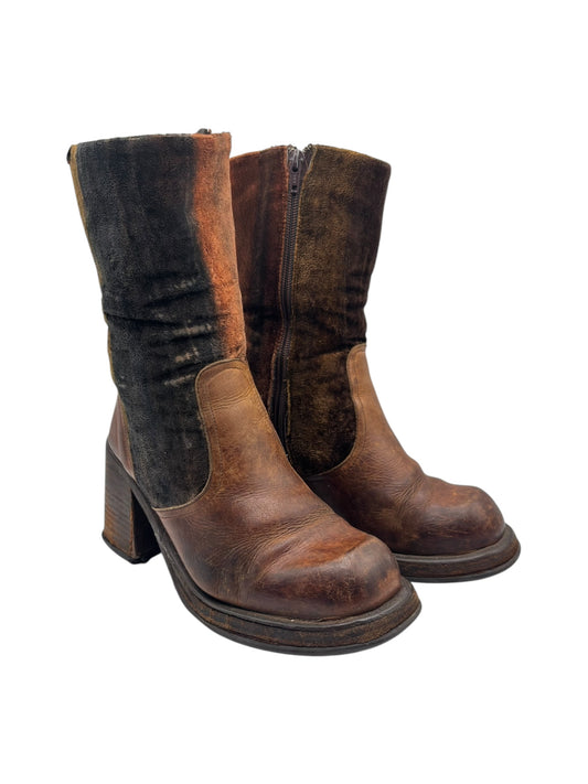 Vintage brown platform block-heel boots with ruched dark panels and ankle shaft