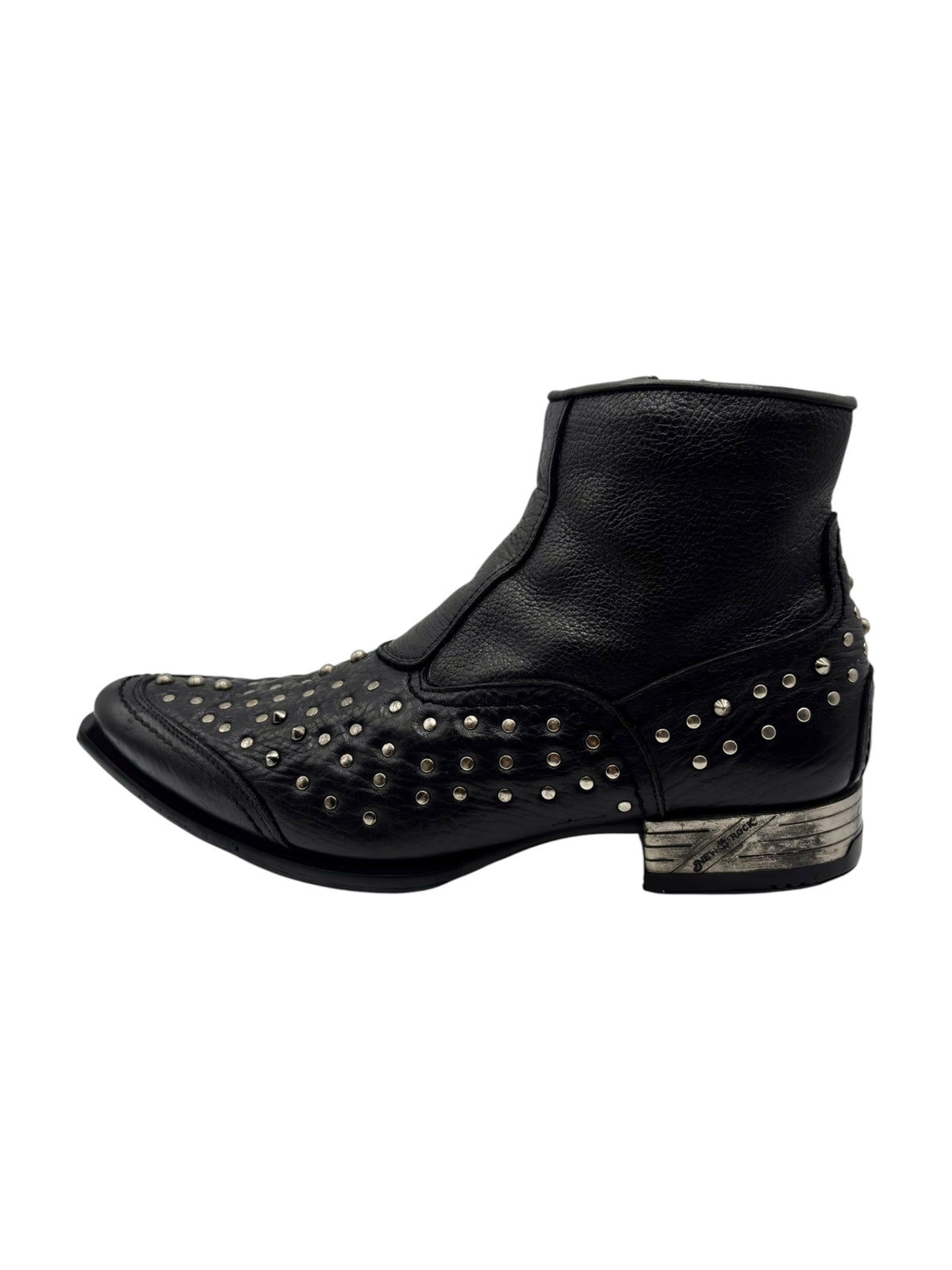 Black leather ankle cowboy boot with gold-tone stud row along the side.
