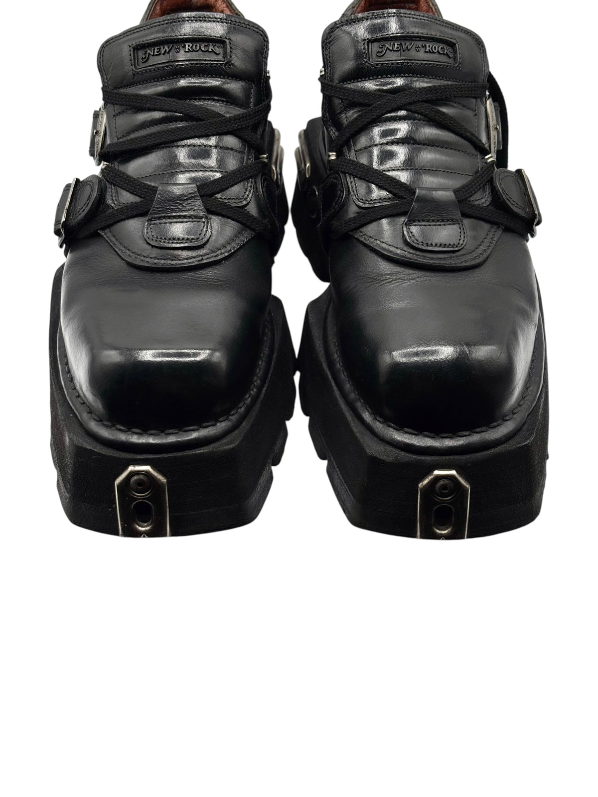 Vintage New Rock pluto platform boots: front view with lace-up and metal buckles