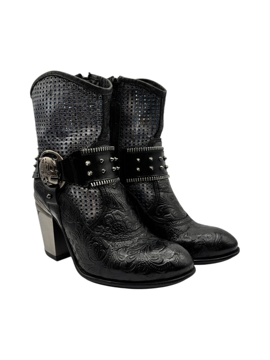 Black embossed leather ankle boots with block heel, studded strap and buckle