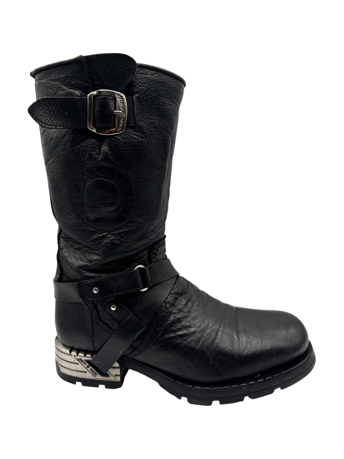 Black leather biker boots with top buckle strap and rugged outsole