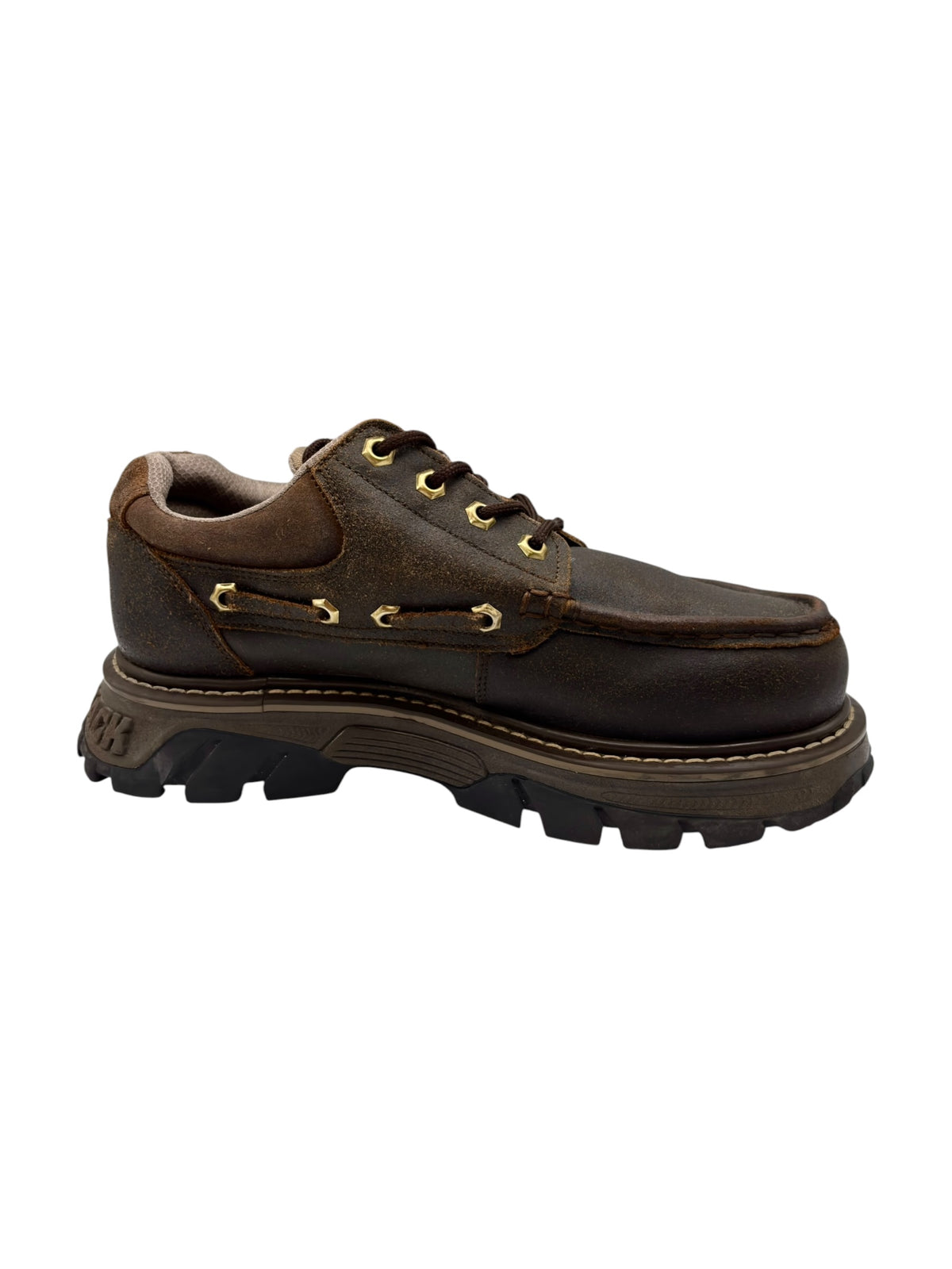 Brown leather platform lace-up boots with stitched panel and gold eyelets