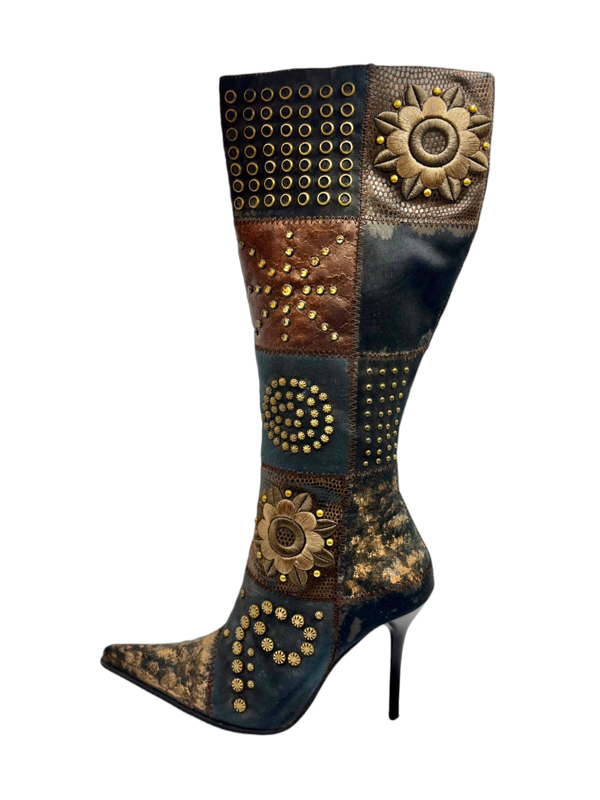 Knee-high boots with blue and brown patchwork, gold studded floral accents.