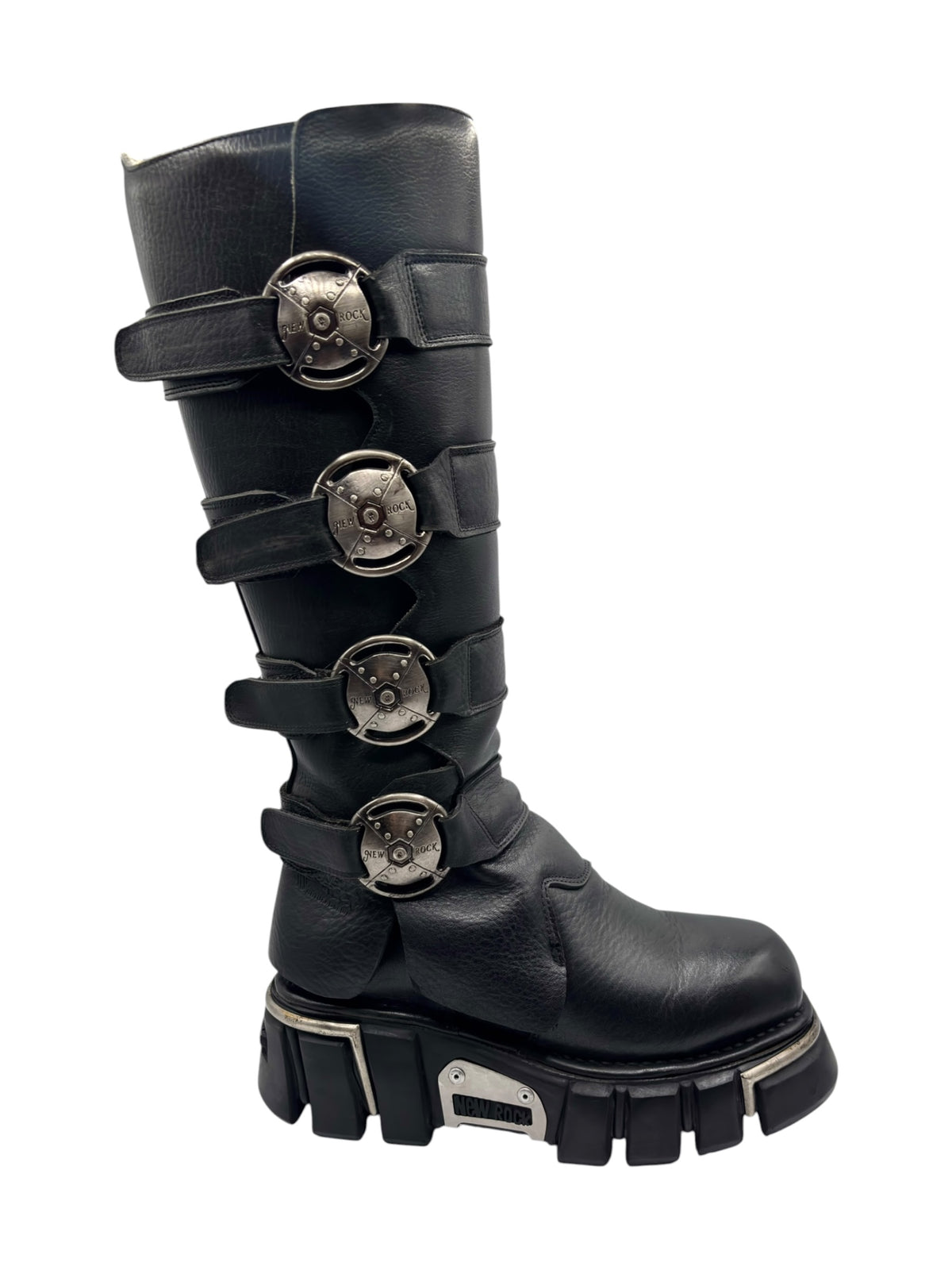 Black knee-high boots rear view with four strap buckles and thick platform base