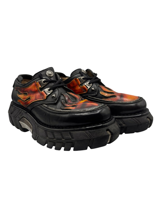 New Rock flame trailer platform boots, black leather with orange-red flame panel, lace-up