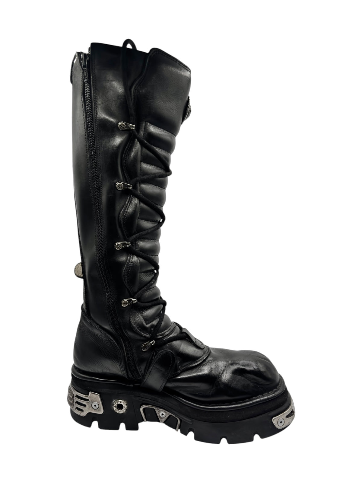 Knee-high black leather lace-up reactor boots with buckles and side zipper detail