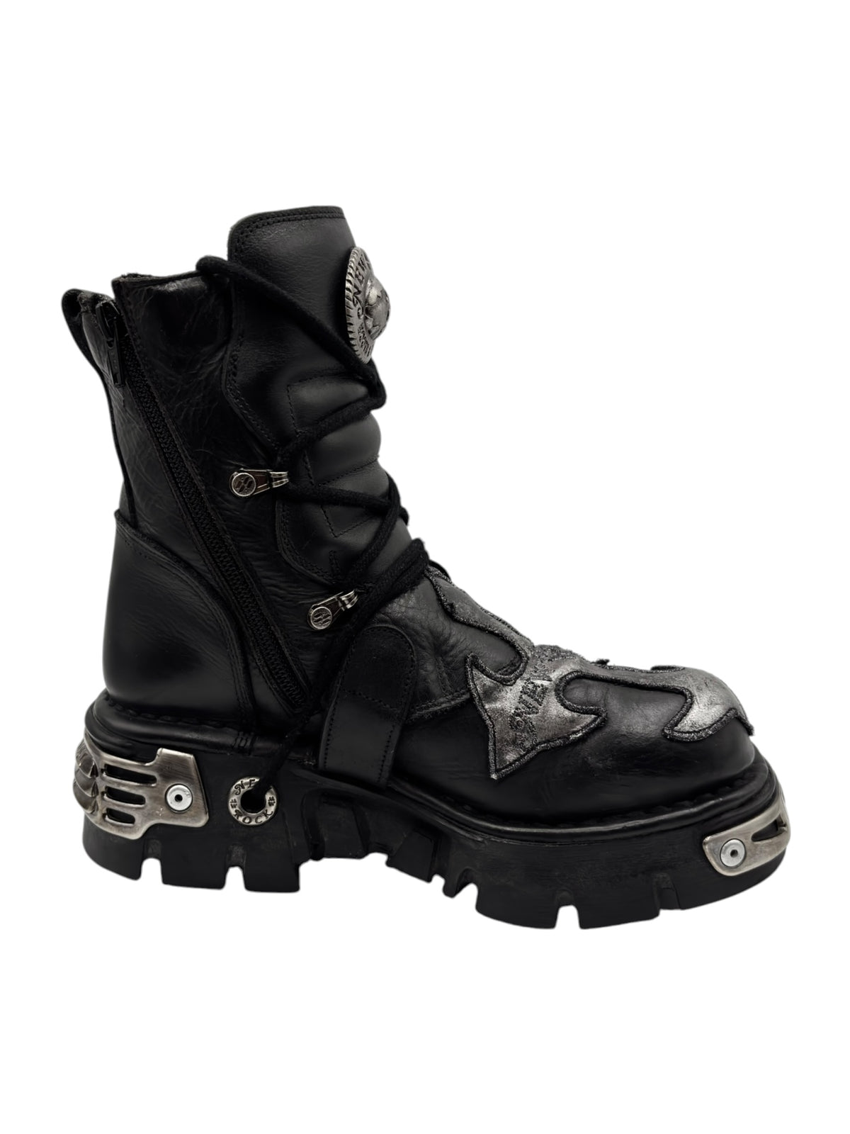 Black mid-calf platform boots with lace-up front and metal-studded strap details