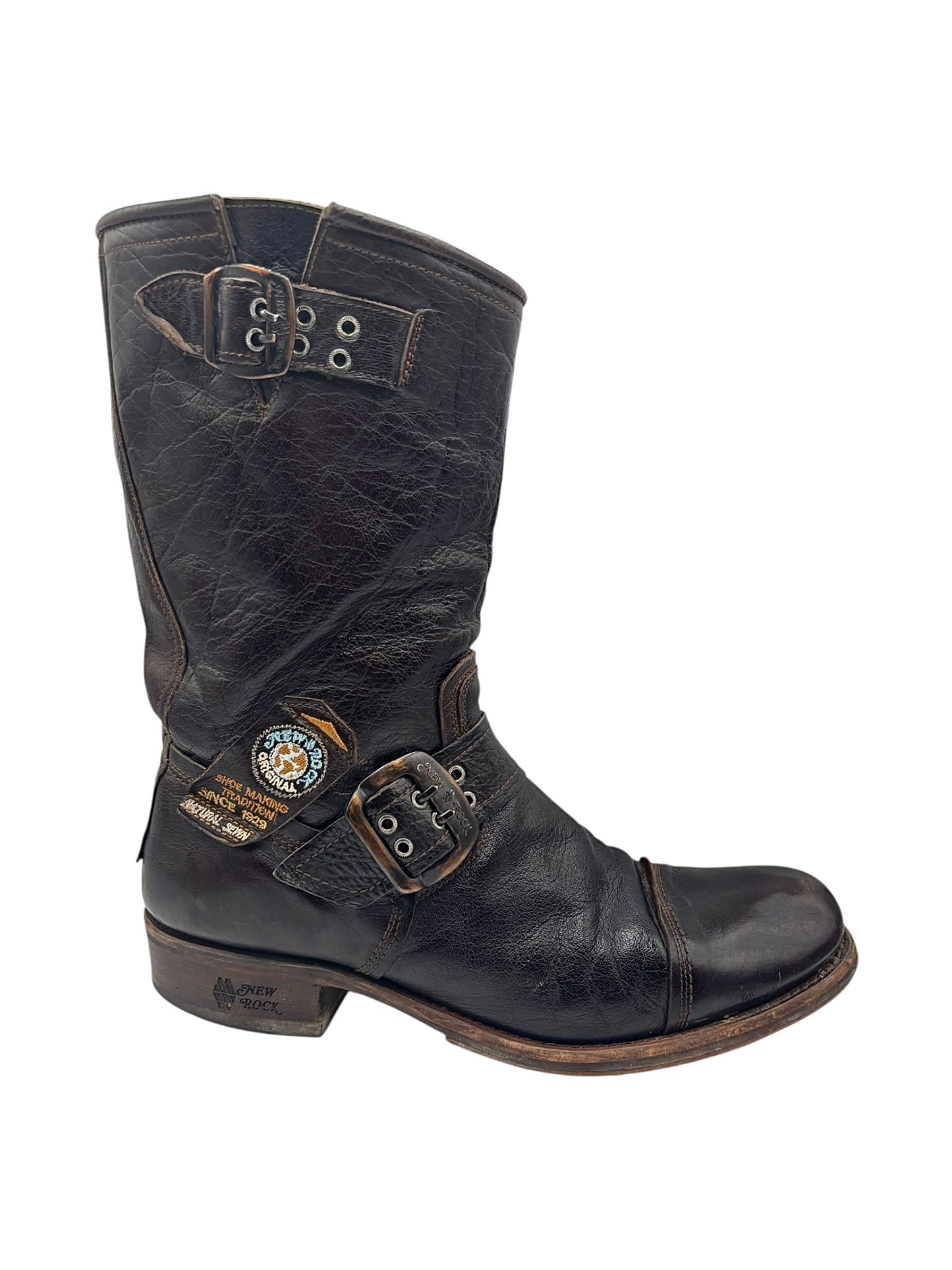 Vintage New Rock dark brown hand-made leather motorcycle boots size 44