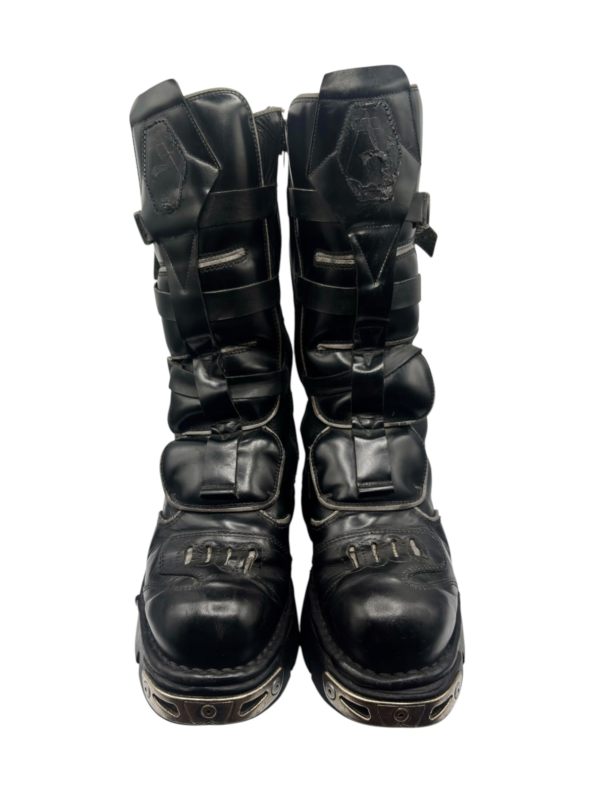 New Rock mid-calf reflective reactor boots, black leather, buckles and chunky sole