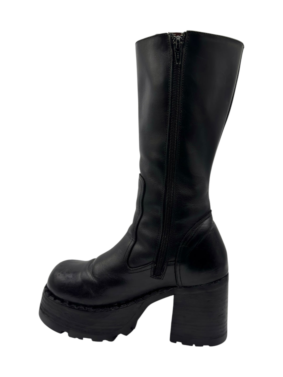 Black knee-high boots with side zipper closure and rounded toe on thick heel